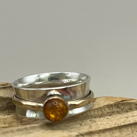 Sterling Silver and Gold Spinner Ring with Amber Stone - Picture 2 of 4